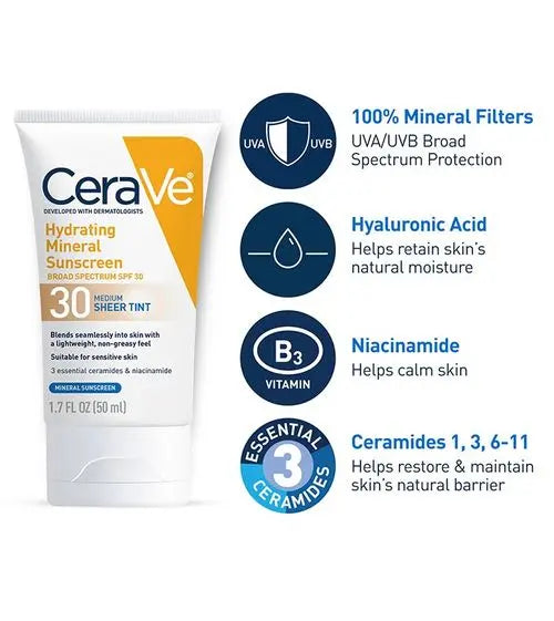 CERAVE Hydrating Mineral Sunscreen SPF 30 Face Sheer Tint DexKea