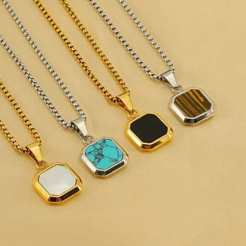 Titanium Steel Hip-hop Turquoise Square Pendant Necklace DexKea