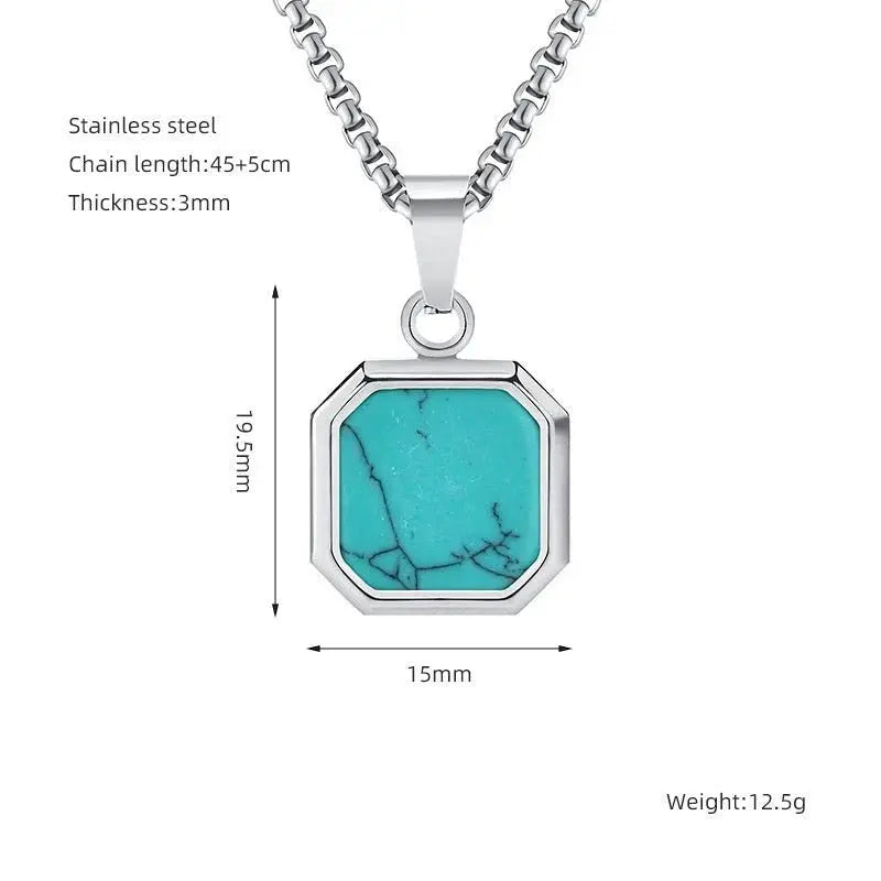 Titanium Steel Hip-hop Turquoise Square Pendant Necklace DexKea