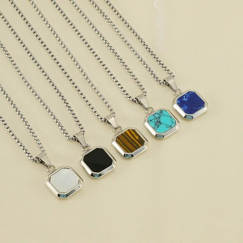 Titanium Steel Hip-hop Turquoise Square Pendant Necklace